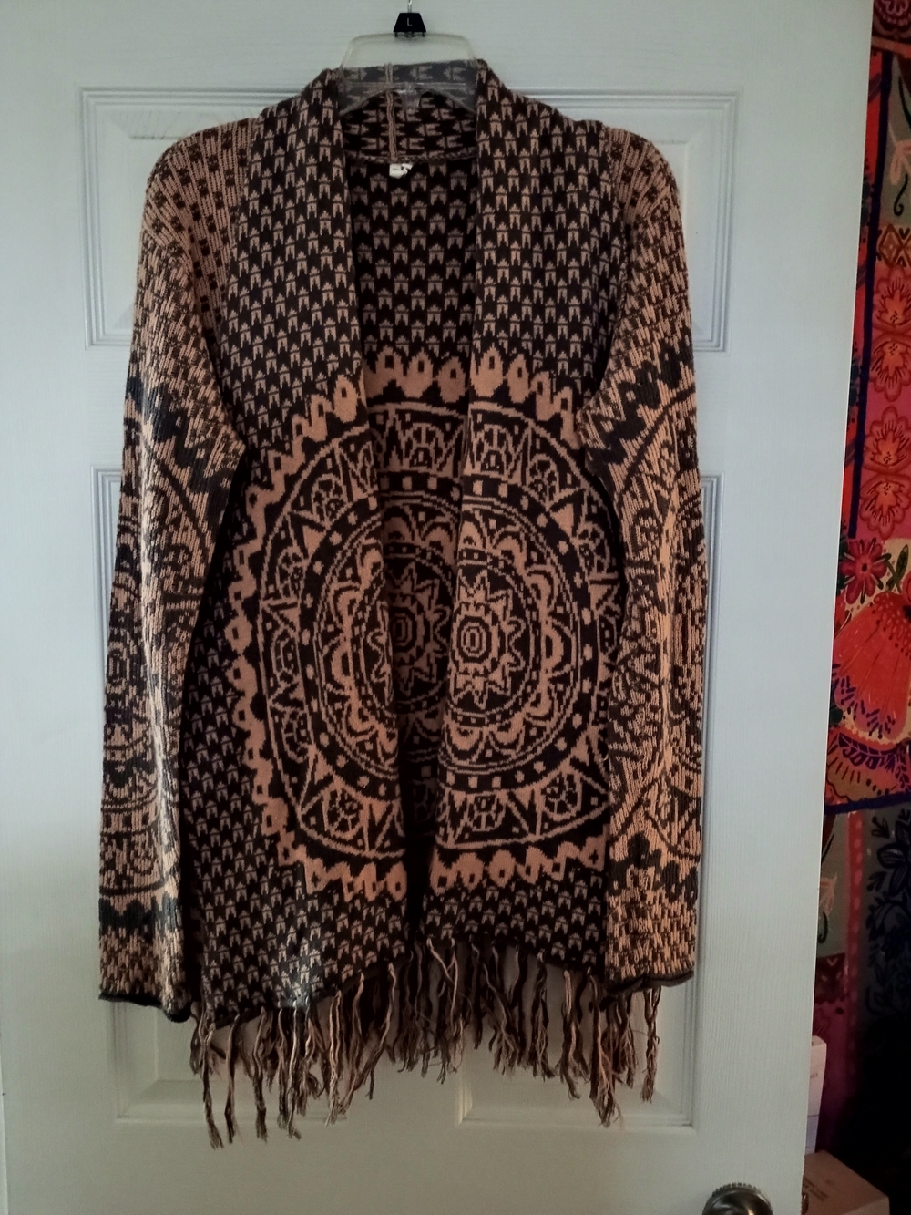 Rip Curl Black & Tan Mandala Fringe Open-Front Cardigan